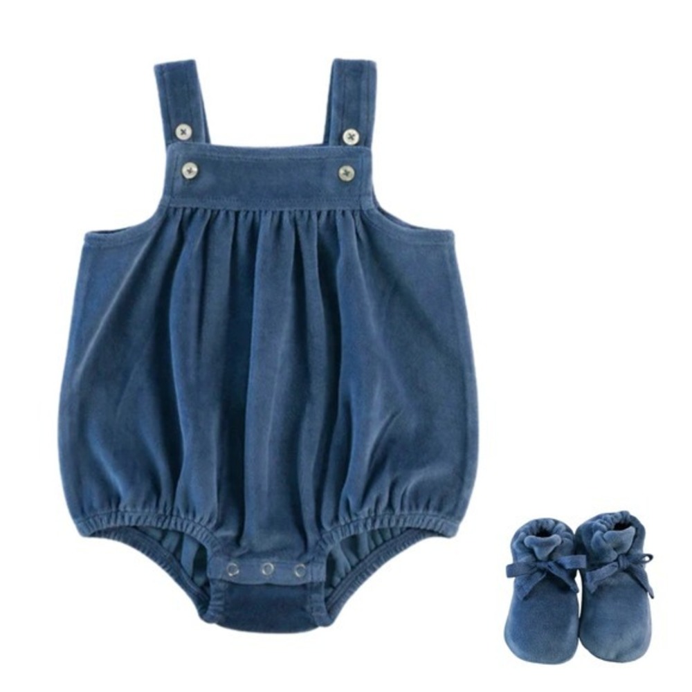 NWT Kate Quinn Oliver Bubble Romper & Booties Blue Velour size 3-6 Months